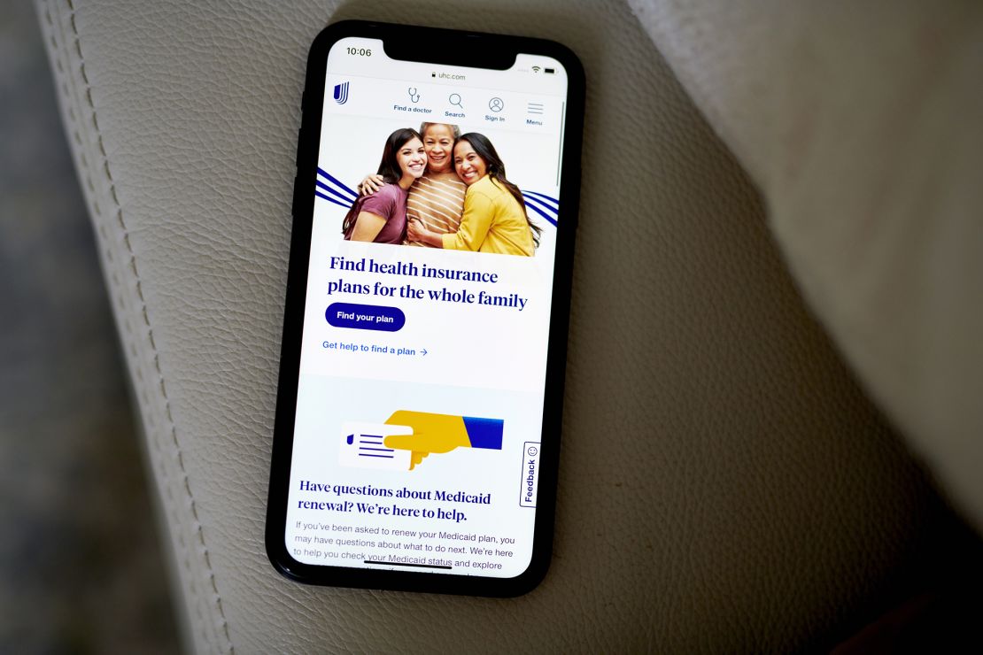 The UnitedHealth website on a smartphone arranged in New York, US, on Friday, July 7, 2023.